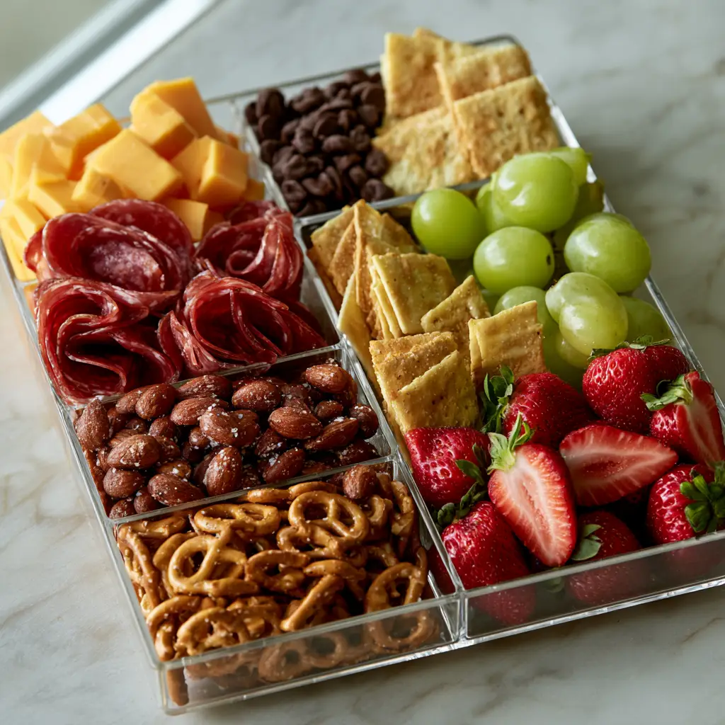 Aesthetic snackle box ideas featuring strawberries, almonds, and chocolate morsels on a marble countertop.