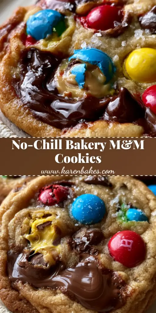 A stack of thick M&M cookies featuring golden-brown edges, vibrant colorful candies, and melted chocolate pools with a sprinkle of sea salt.