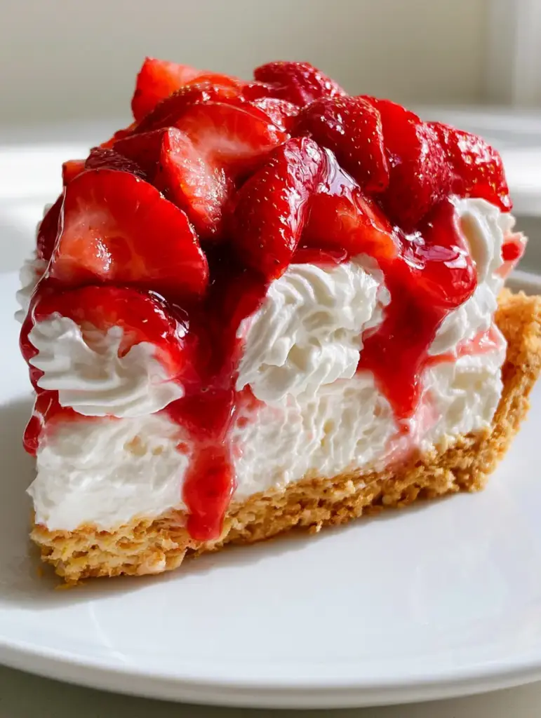 Strawberry Shortcake Dessert: The Ultimate No-Bake Strawberry Lush 2 A close-up handheld smartphone photo of a pristine slice of strawberry shortcake dessert on a clean white plate with glossy red glaze dripping.