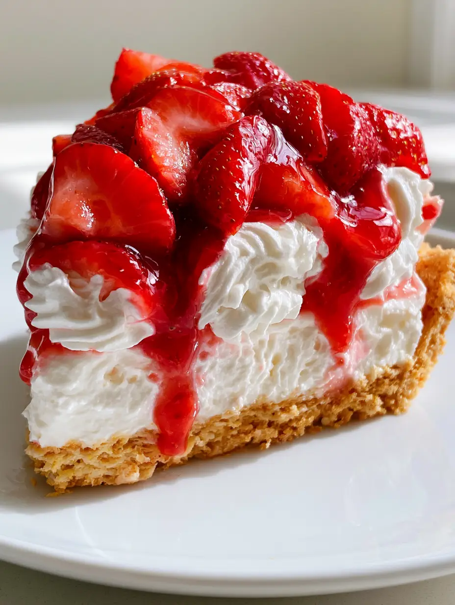 Strawberry Shortcake Dessert: The Ultimate No-Bake Strawberry Lush 4 A close-up handheld smartphone photo of a pristine slice of strawberry shortcake dessert on a clean white plate with glossy red glaze dripping.