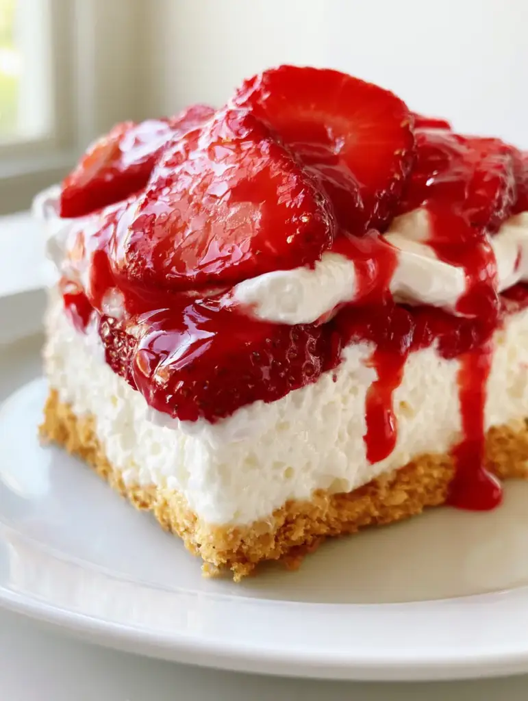 Strawberry Shortcake Dessert: The Ultimate No-Bake Strawberry Lush 1 A sharp cross-section of a strawberry shortcake dessert lush showing the buttery golden graham cracker crust and thick cream layers.