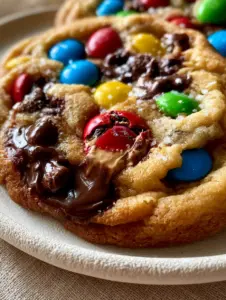 Close-up of a soft and chewy M&M cookie showing cracked candy shells and gooey milk chocolate centers.