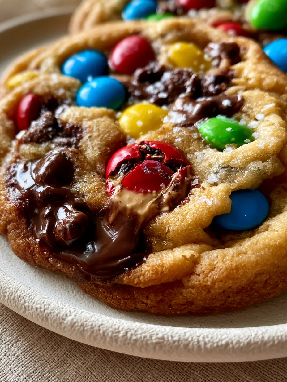 Close-up of a soft and chewy M&M cookie showing cracked candy shells and gooey milk chocolate centers.
