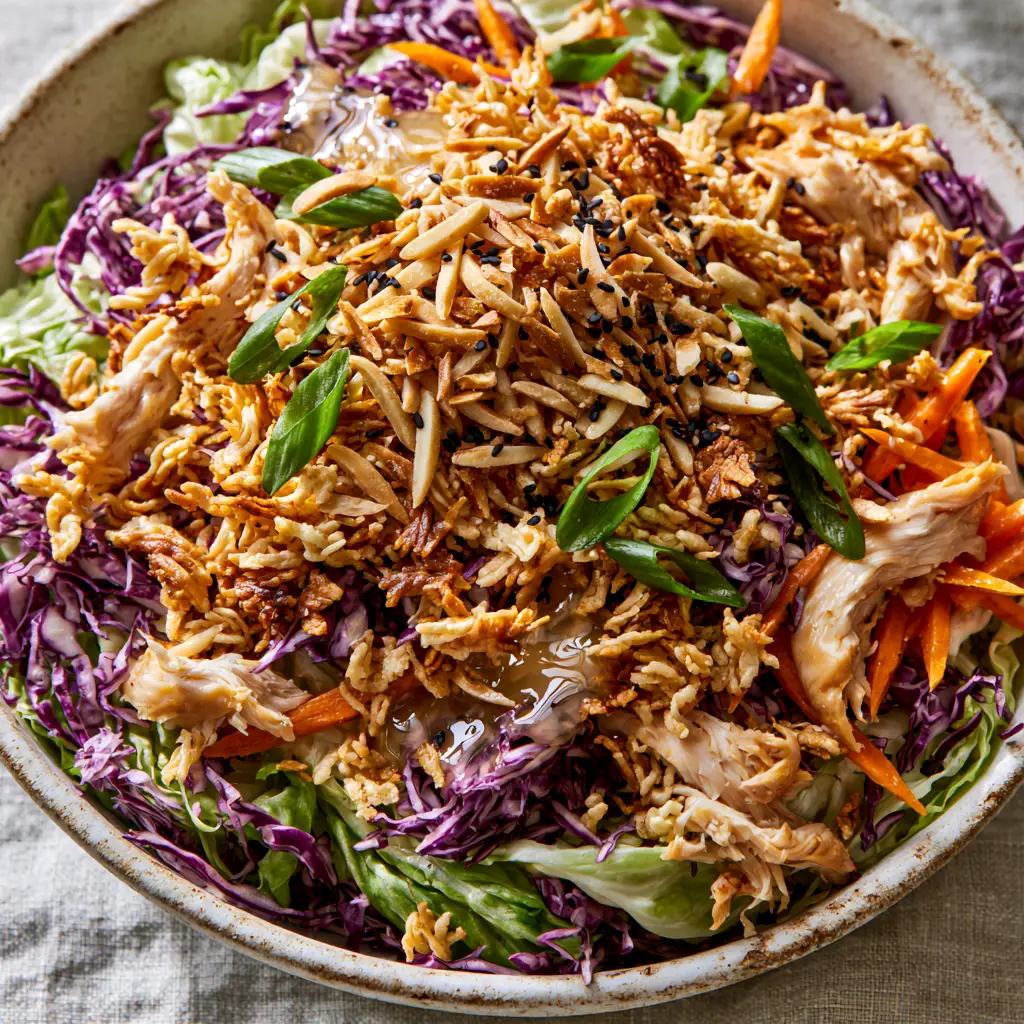 Top-down view of Ramen noodle chicken salad showing the mix of napa cabbage, purple cabbage, and scallions.