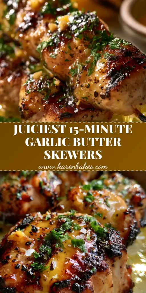 A vertical Pinterest-style shot of the Grilled chicken skewers recipe featuring golden garlic butter glaze and fresh parsley on a rustic plate.
