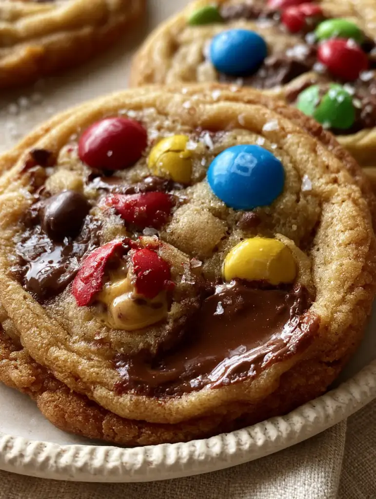Bakery-style M&M cookies plated on a ceramic dish with soft natural lighting and melted semi-sweet chocolate pools.