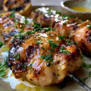 Macro shot of three grilled chicken skewers with dark caramelized grill marks and dripping golden garlic butter glaze. (Grilled chicken skewers recipe)