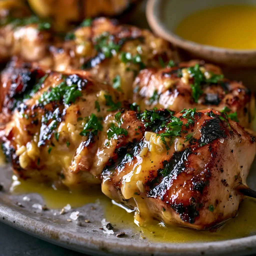 Close up of grilled chicken chunks embedded with sautéed garlic bits and fresh parsley, topped with flaky sea salt.