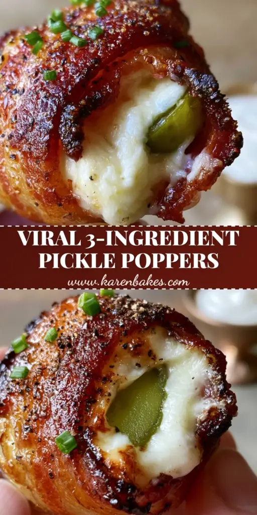 Pickle Poppers with Crispy Bacon and Whipped Cream Cheese 4 A close-up of a tray of crispy bacon-wrapped pickle poppers garnished with fresh chives and black pepper. (pickle poppers)