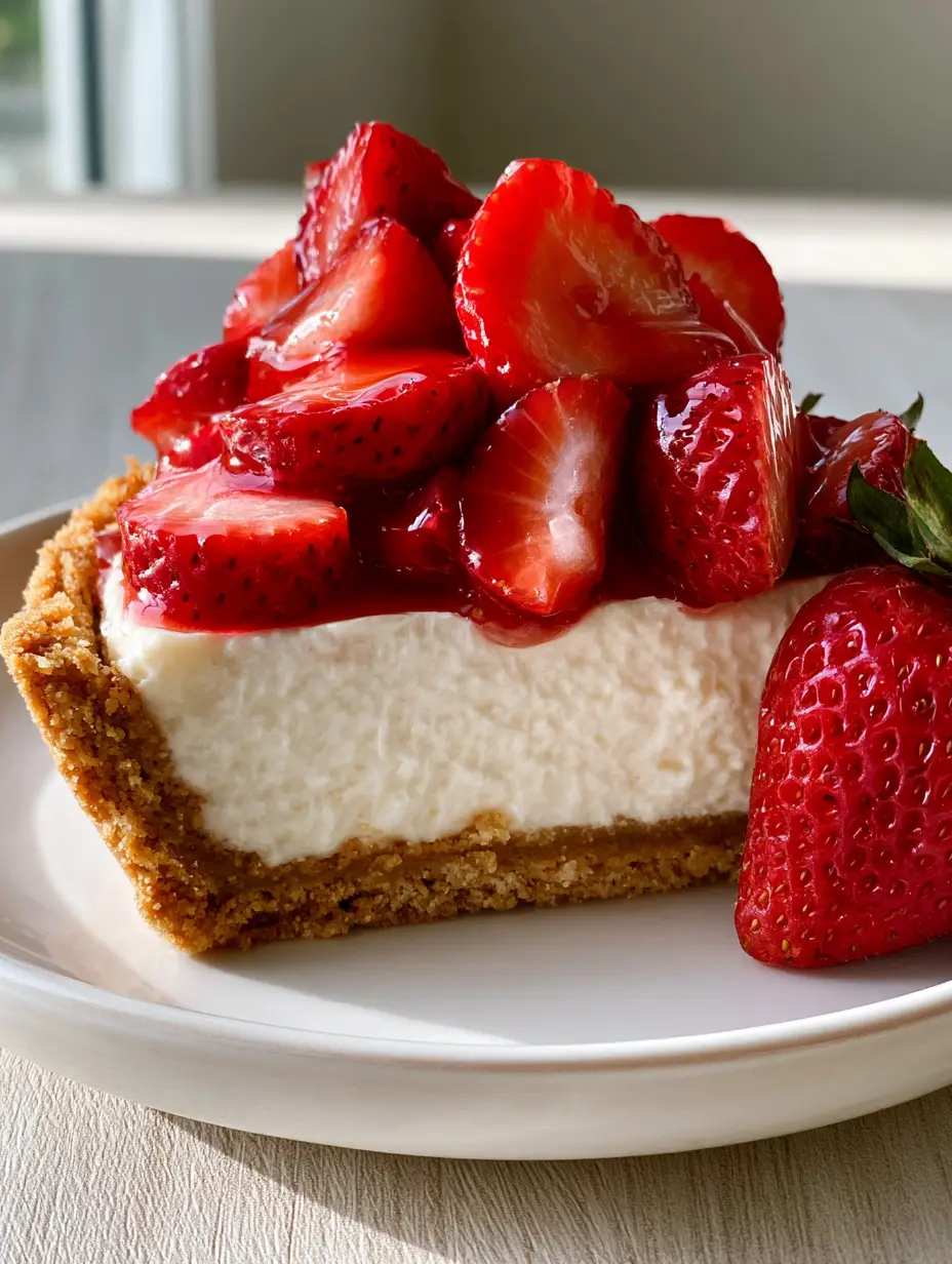 A side view of a thick slice of Strawberry Cream Cheese Pie showing the dense velvety filling and golden crust.