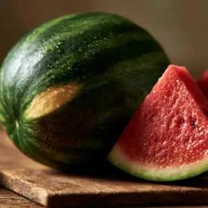 Macro close-up of a premium whole watermelon with a creamy yellow field spot and brown sugar webbing. (Watermelon Facts)