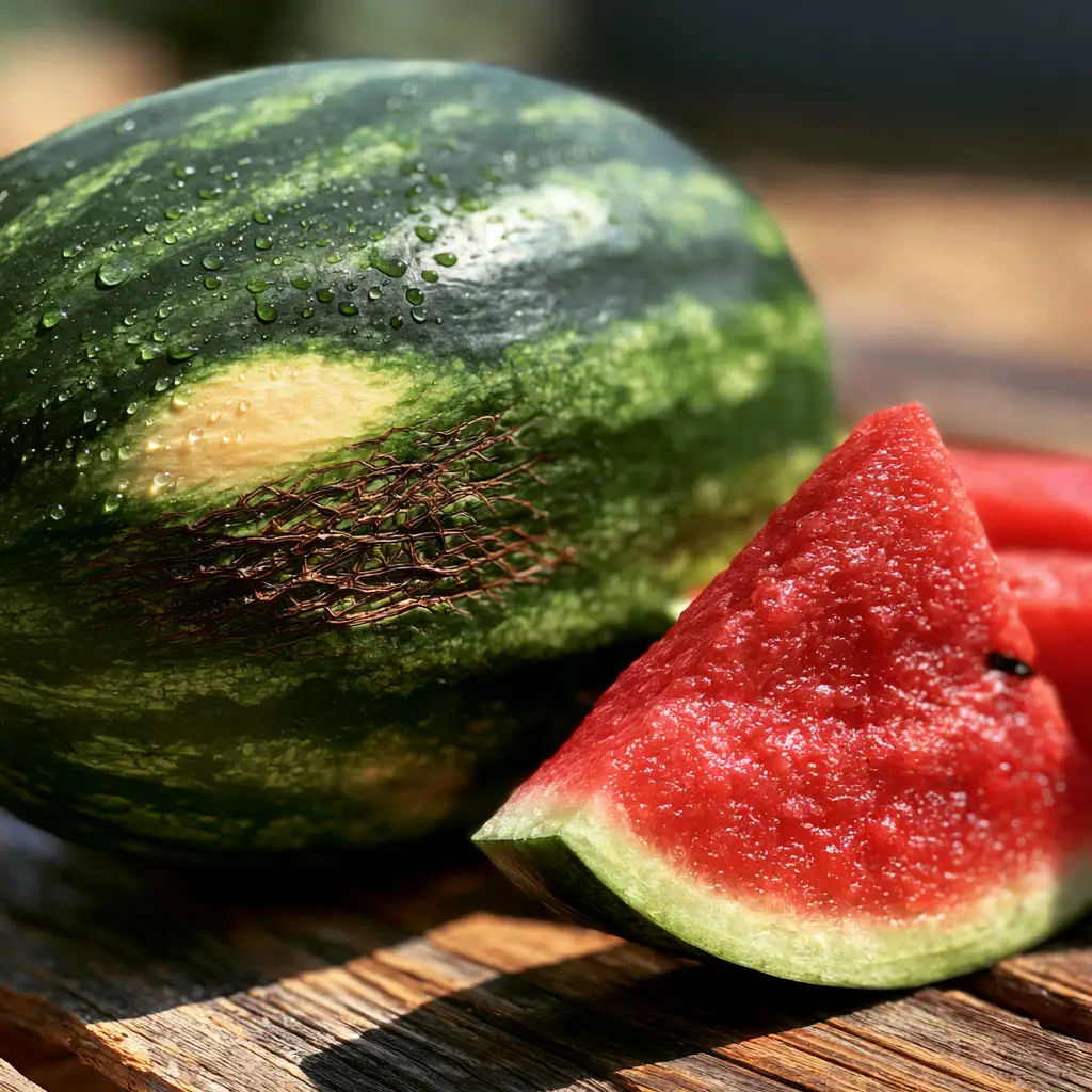 A perfectly sliced triangular wedge of ruby red watermelon with black seeds and glistening water droplets.