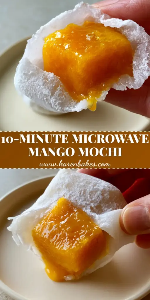 A close-up shot of a hand pulling apart a soft mango mochi to reveal a juicy, glistening orange mango core. (mango mochi)