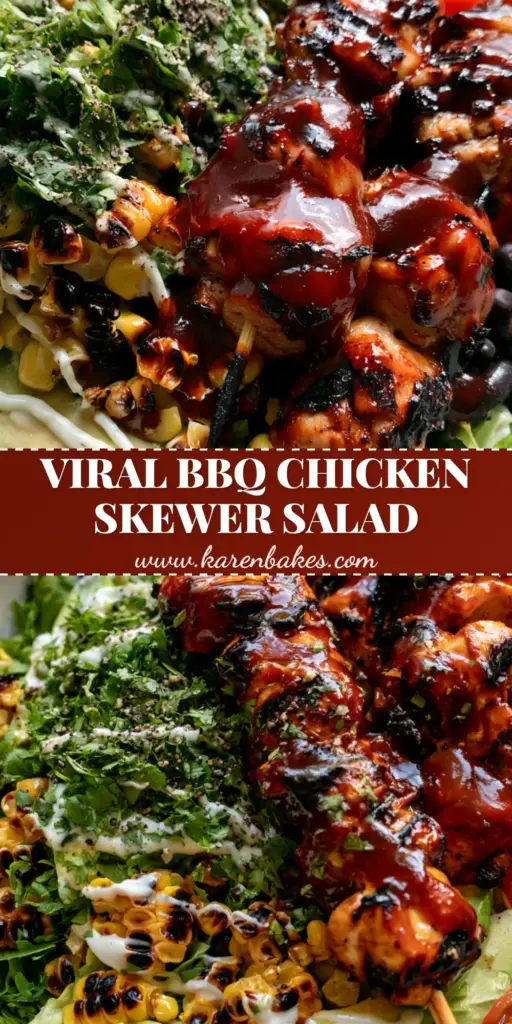 A top-down view of a BBQ Chicken Skewer Salad in a white bowl featuring mahogany-glazed chicken skewers, charred corn, avocado, and lime-crema drizzle.