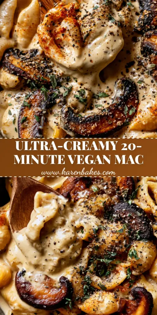 vegan mushroom stroganoff mac and cheese: The Ultimate Comfort Food 3 A close-up vertical shot of vegan mushroom stroganoff mac and cheese in a black bowl with a wooden spoon lifting a creamy shell. (vegan mushroom stroganoff mac and cheese)
