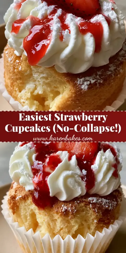 A close-up shot of an Angel Food Cupcake featuring a golden-brown sponge in a white wrapper, topped with fluffy whipped cream, a glossy red strawberry drizzle, and a fresh mint leaf.
