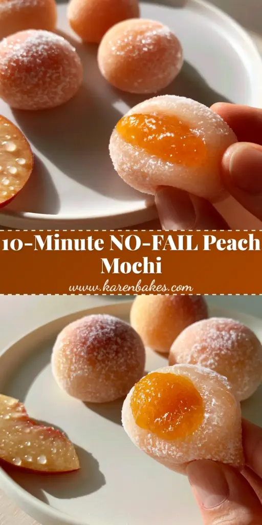 Four pastel Peach Mochi on a matte white plate, with one being squeezed to show a vibrant orange peach jam center.