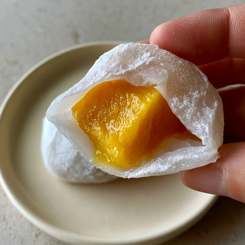 A high-angle handheld photo of a fresh mango mochi on a matte ceramic plate. (mango mochi)
