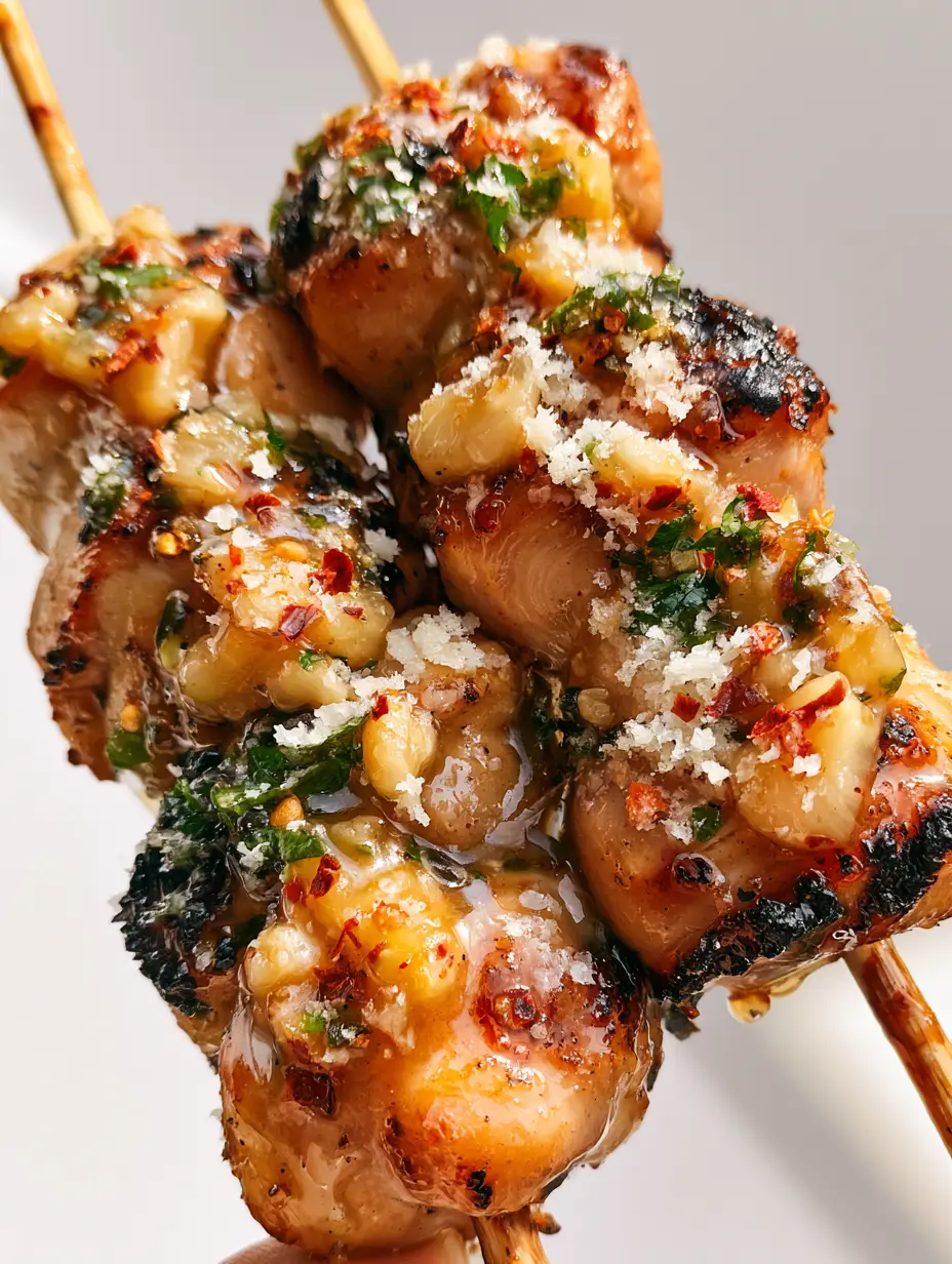 Garlic Parmesan Chicken Skewers: The Ultimate Juicy & Charred Recipe 3 Extreme close-up POV shot holding two juicy Garlic Parmesan Chicken Skewers with visible garlic chunks and fresh parsley.