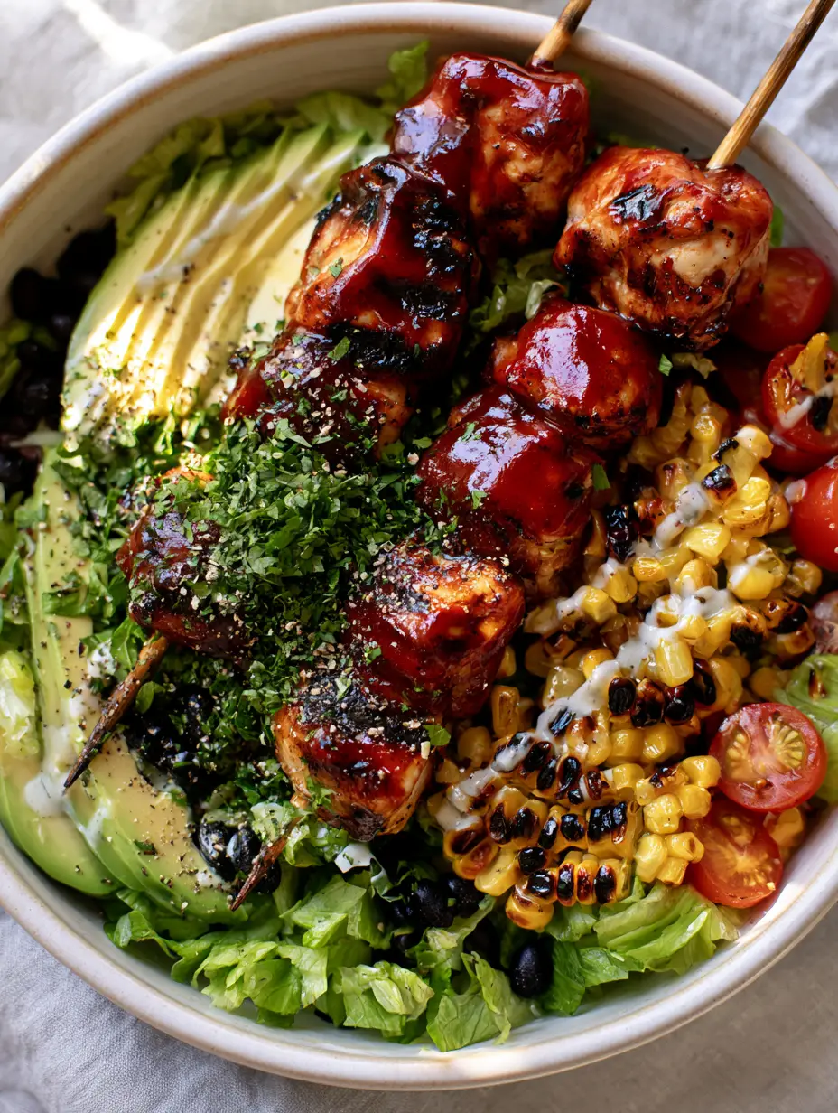 Close-up of succulent BBQ chicken skewers with dark caramelized char marks sitting on a bed of fresh salad. (BBQ Chicken Skewer Salad)