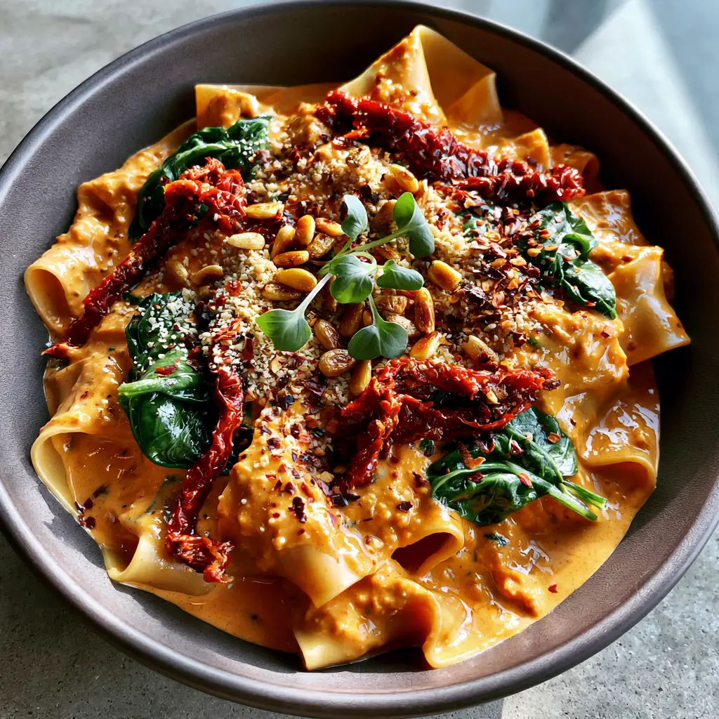 Vegan Sun-Dried Tomato Pasta with Silky Pappardelle Ribbons 2 Top-down view of creamy Vegan Sun-Dried Tomato Pasta with toasted pine nuts and micro-basil.
