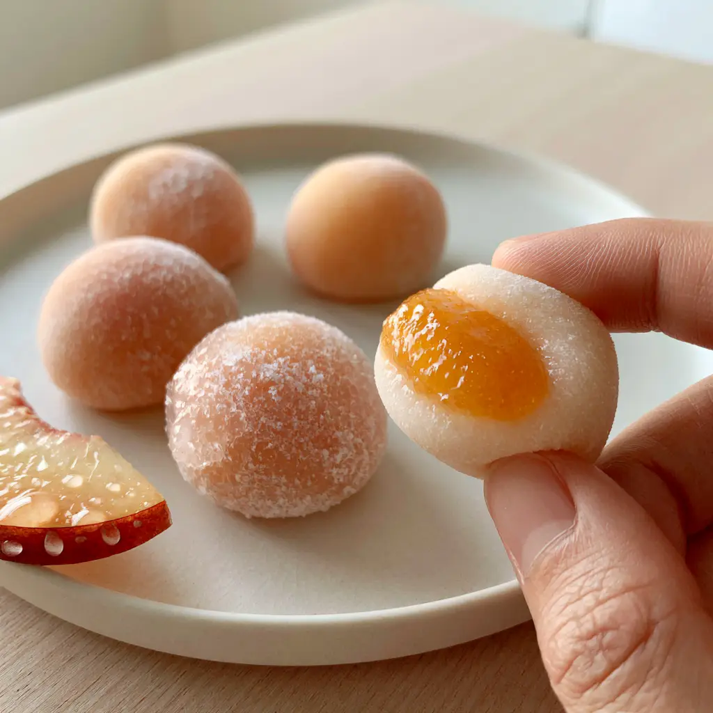 A handheld smartphone photo of round Peach Mochi resting on a minimalist ceramic plate in a sun-drenched kitchen.
