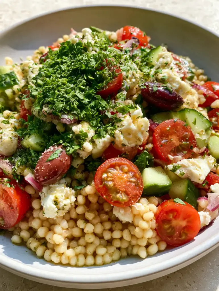 Mediterranean Couscous Salad with Pearl Grains and Lemon Herb Vinaigrette 1 A shallow matte white bowl filled with mediterranean couscous salad showing diced cucumbers and feta chunks.