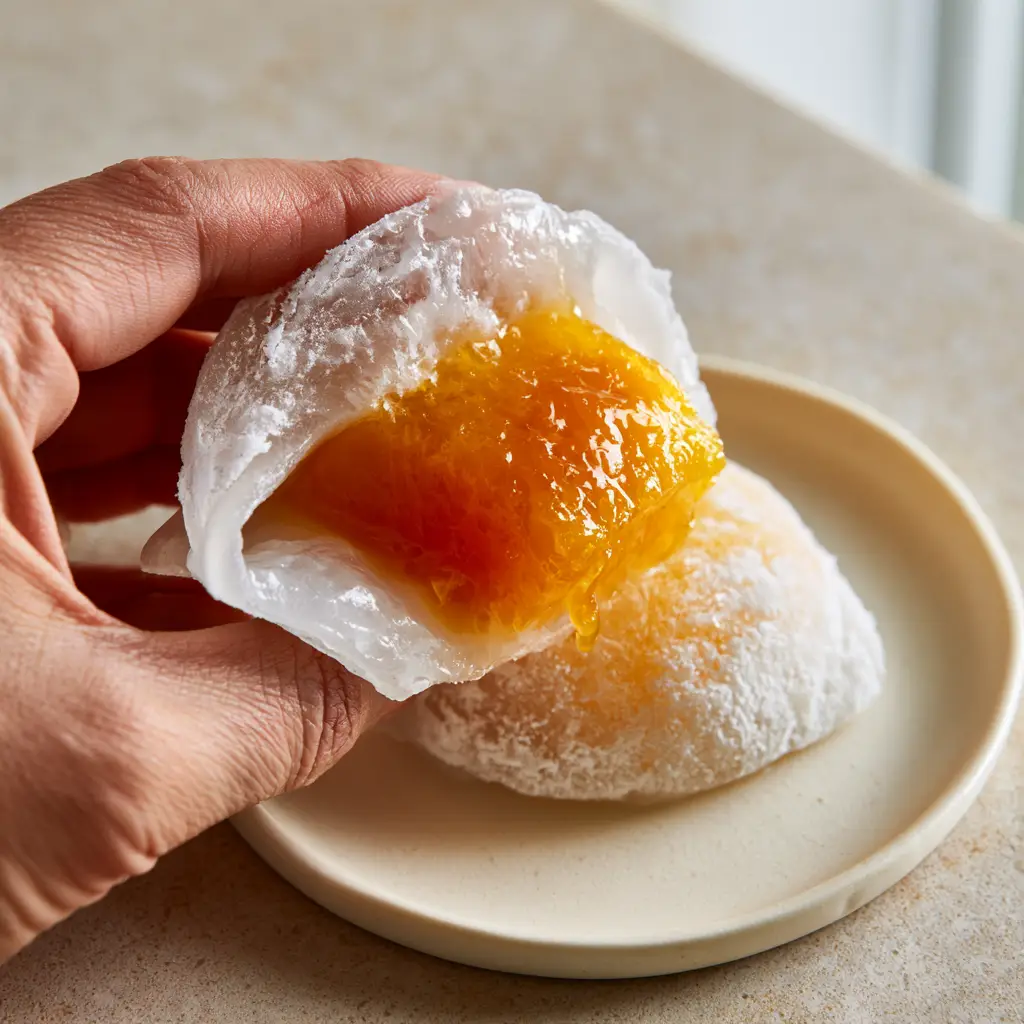 Close up of the translucent texture of mango mochi dough with a dusting of starch.