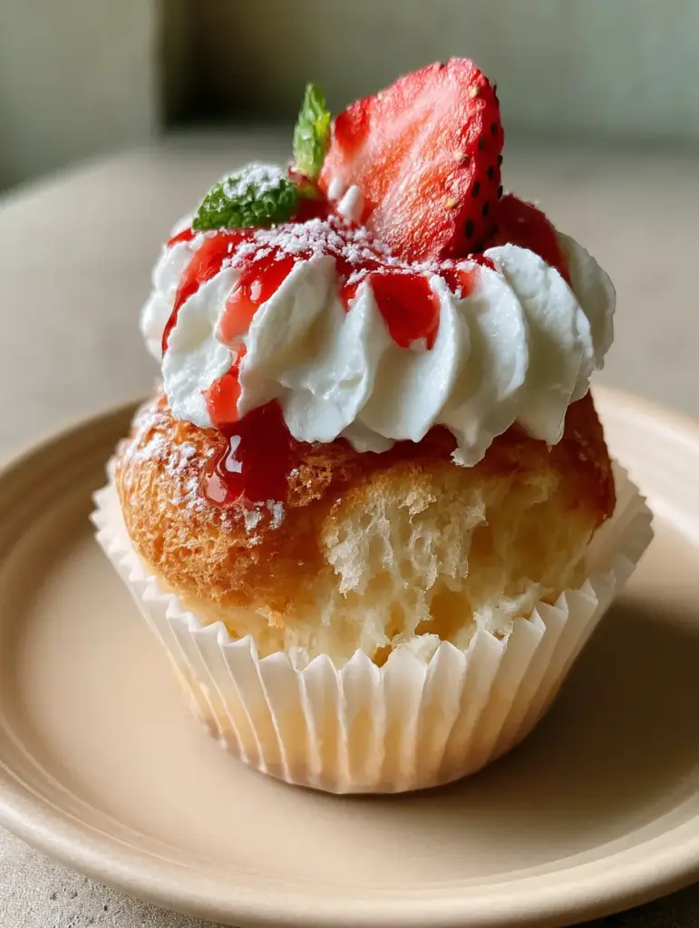 A handheld smartphone photo showing the light, airy, open-crumb sponge texture of an Angel Food Cupcake on a neutral ceramic plate.