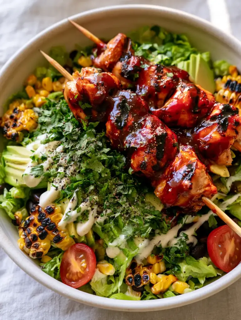 A macro photo showing the vibrant textures of charred corn, black beans, and blistered tomatoes in a BBQ Chicken Skewer Salad.