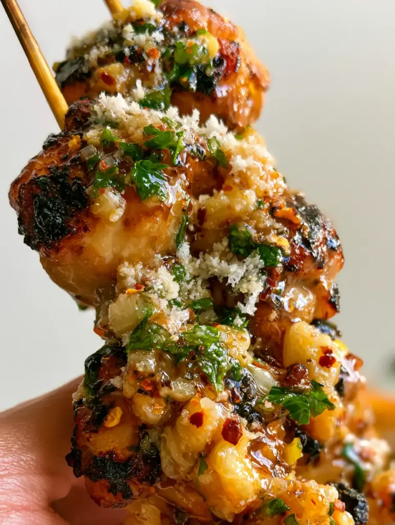 Garlic Parmesan Chicken Skewers: The Ultimate Juicy & Charred Recipe 1 Hyper-realistic food photo of chicken skewers with dark charred edges and a heavy dusting of fluffy parmesan cheese.