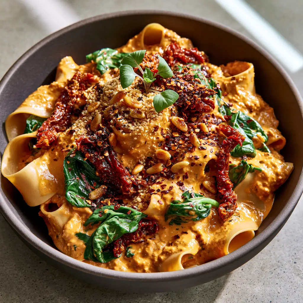 Vegan Sun-Dried Tomato Pasta with Silky Pappardelle Ribbons 1 Detailed shot of wilted spinach and oil-packed sun-dried tomatoes in a vegan cream sauce.