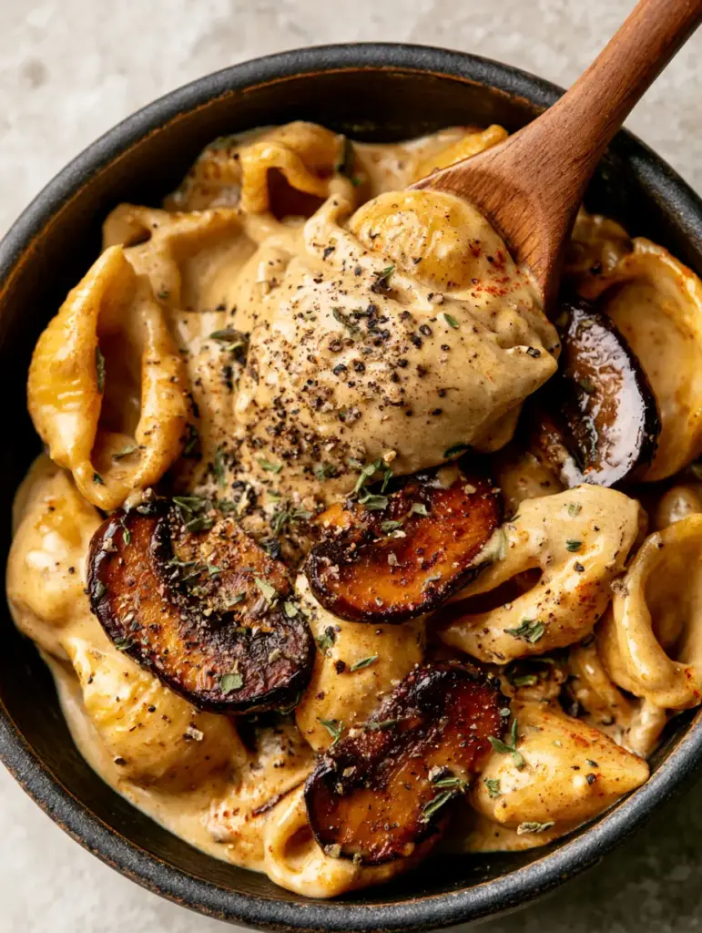 vegan mushroom stroganoff mac and cheese: The Ultimate Comfort Food 1 Detailed view of large pasta shells coated in a pale-golden vegan stroganoff sauce with fresh thyme garnish.