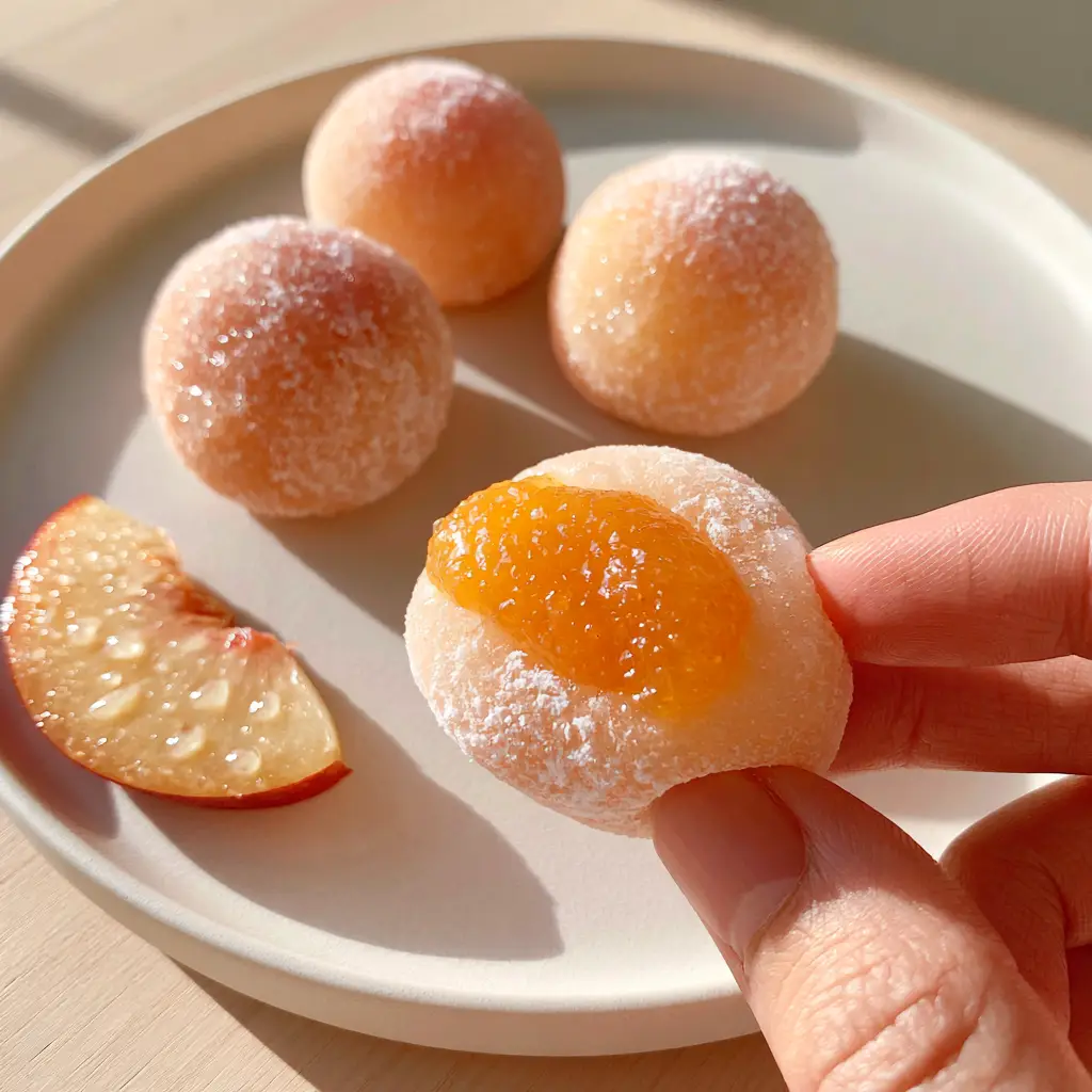 Close-up of the pastel peach-colored dough and the vibrant orange jam center of a squeezed mochi.