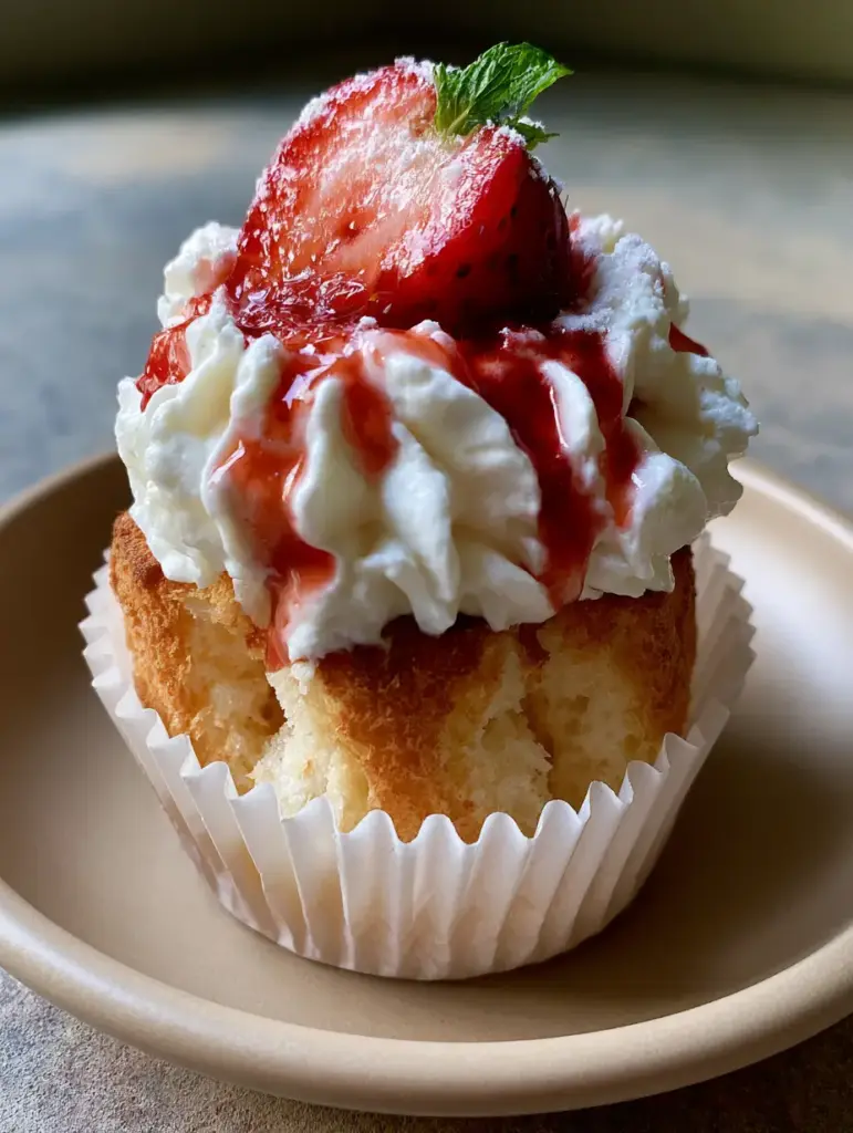 Close-up of the whipped cream frosting and glossy red strawberry drizzle on top of a golden-brown Angel Food Cupcake.