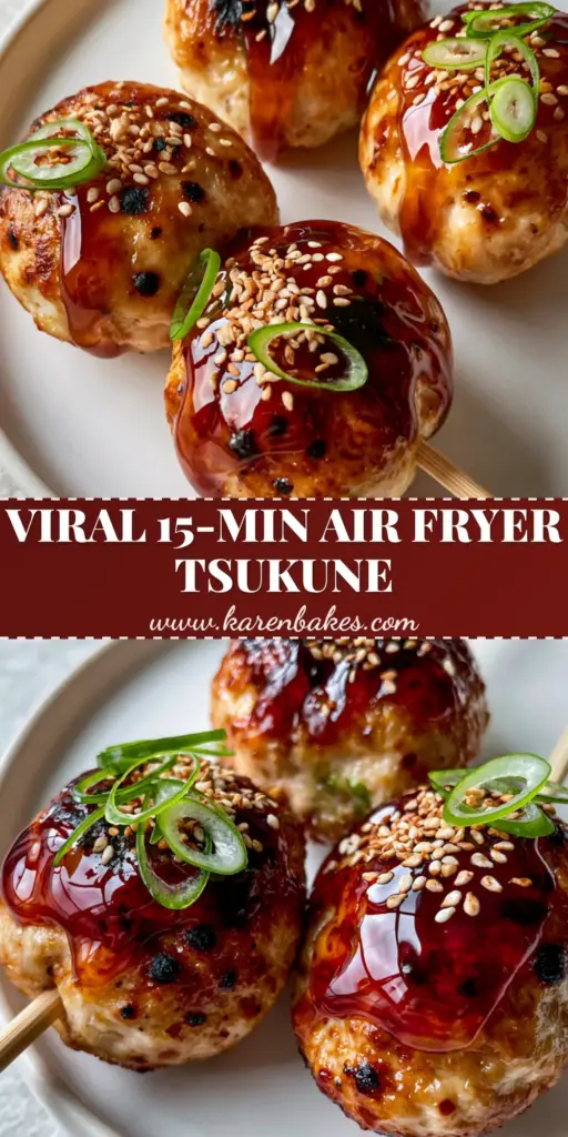 A close-up of Chicken Tsukune skewers with a thick mahogany yakitori tare glaze and toasted sesame seeds on a ceramic plate.