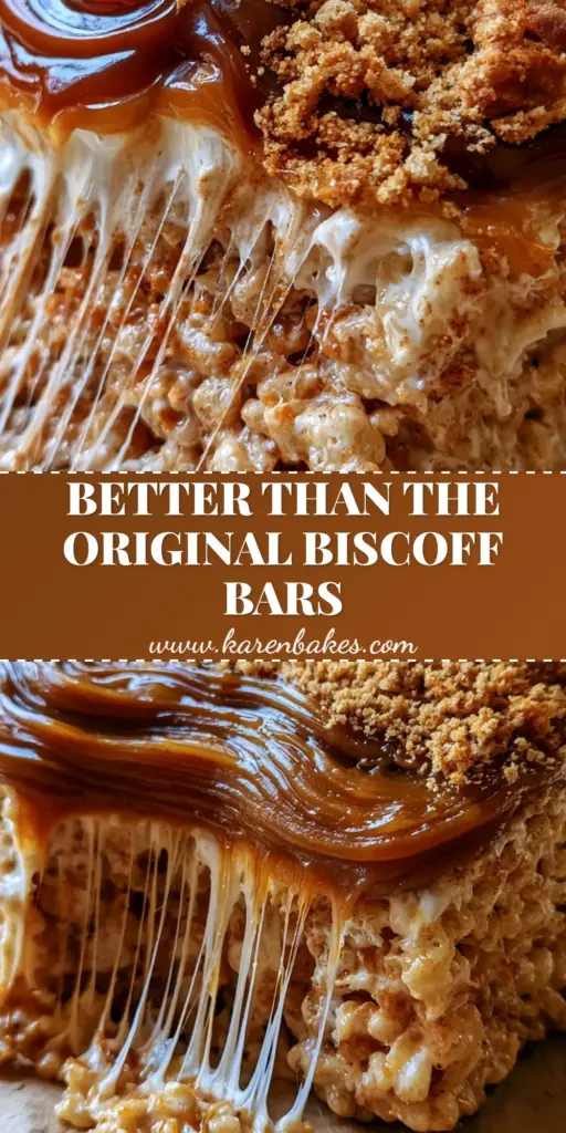 Biscoff Rice Krispie Treats with Gooey Cookie Butter Swirls 4 A thick, gooey Lotus Biscoff Rice Krispie treat being pulled apart with long marshmallow strands. (biscoff rice krispie treats)