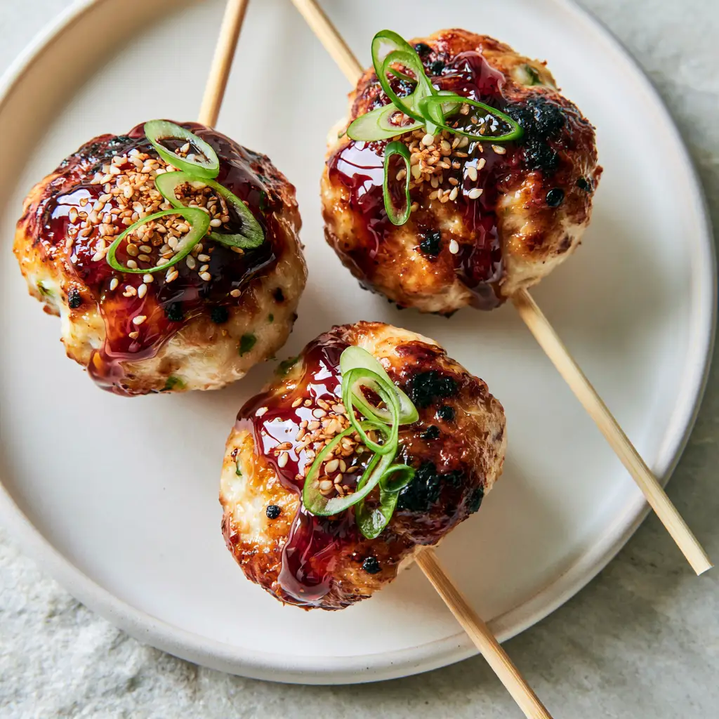 A minimalist shot of Japanese chicken meatballs (Chicken Tsukune) showing the seared surface and sticky texture.