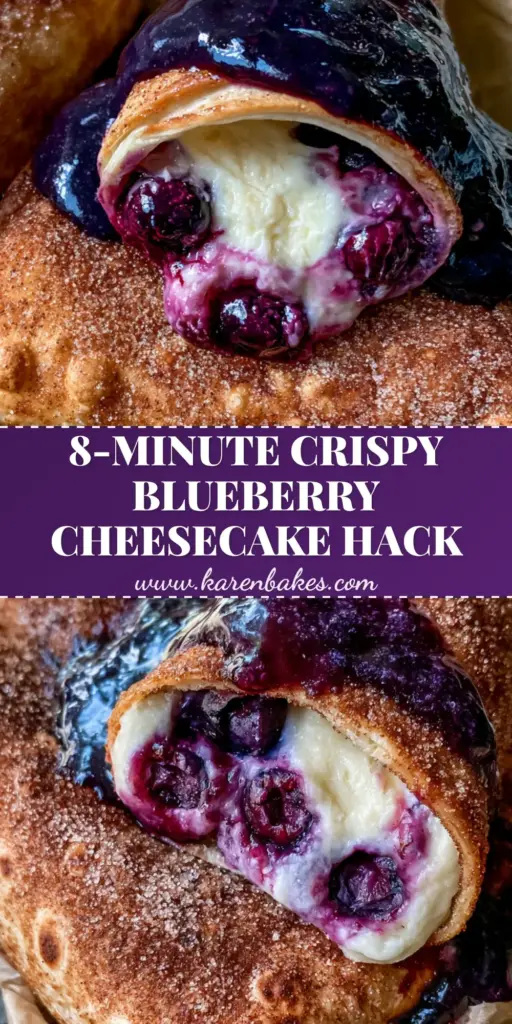 Three golden-brown Air fryer blueberry chimichangas on brown parchment paper, one sliced to show molten cheesecake filling and blueberries.
