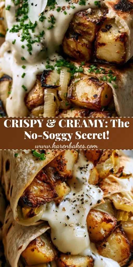 leek and potato wraps with Roasted Garlic Cream Sauce 3 A close-up of leek and potato wraps showing charred flour tortillas filled with crispy Yukon Gold potatoes and caramelized leeks, drizzled with thick garlic cream sauce.