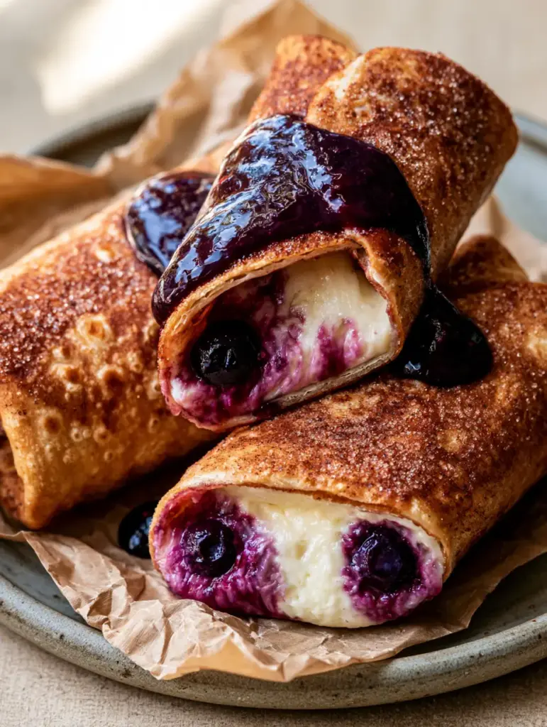 Close up of Air fryer blueberry chimichangas showing the golden-brown micro-blisters and thick purple reduction sauce.
