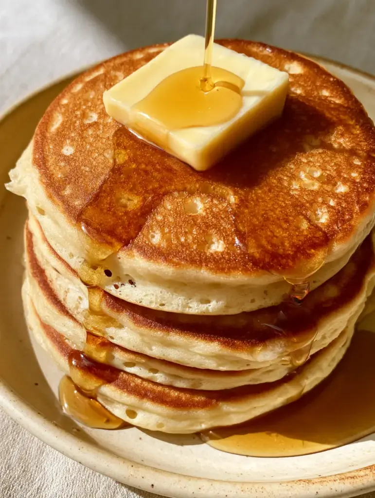 Close up of ultra-thick buttermilk pancakes showing the 1-inch airy, porous sponge-like texture on the sides. (how to make pancakes)