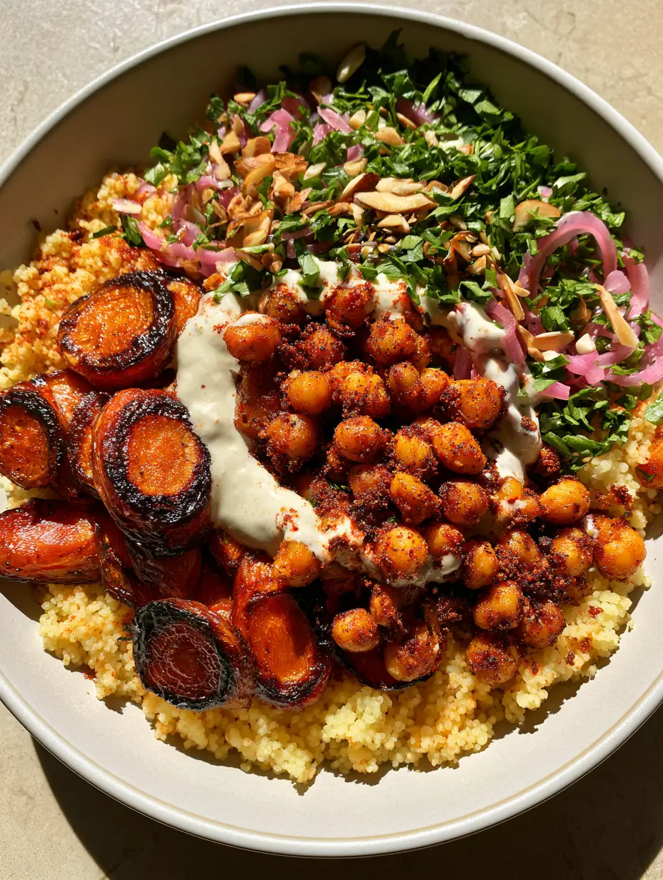 Moroccan-Spiced Chickpea and Carrot Couscous Salad with Lemon Tahini 4 Macro shot of fluffy couscous topped with charred honey-roasted carrots and spice-crusted chickpeas. (Moroccan-Spiced Chickpea and Carrot Couscous Salad)
