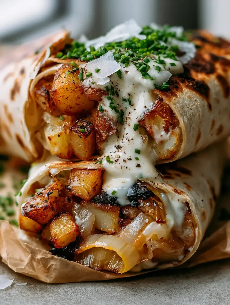 leek and potato wraps with Roasted Garlic Cream Sauce 2 Macro shot of sliced leek and potato wraps revealing the rich interior of roasted potatoes and creamy sauce.