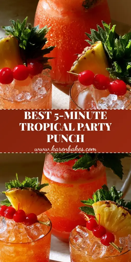 A large pitcher and two rocks glasses filled with sunset orange amaretto island punch, topped with white froth and garnished with pineapple, cherries, and mint.