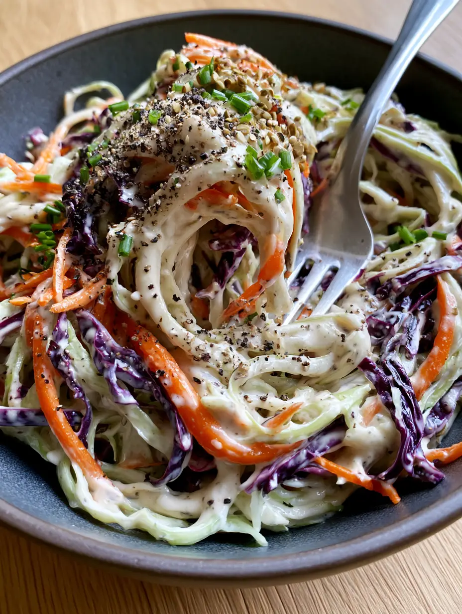 Macro photo of emerald green and violet cabbage ribbons with thick glossy dressing. (coleslaw recipe)