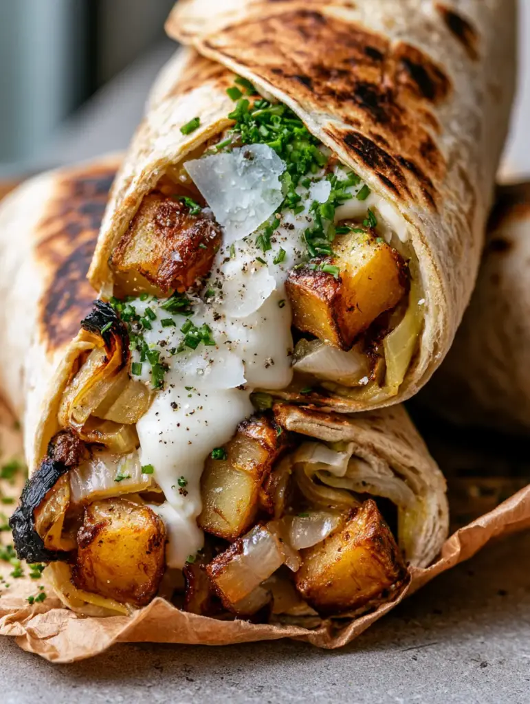 leek and potato wraps with Roasted Garlic Cream Sauce 1 Two leek and potato wraps resting on parchment paper, showing bright green chives and flaky sea salt garnish.