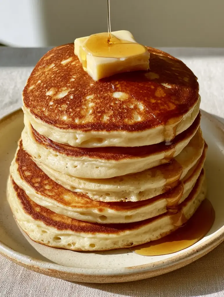 A stack of pancakes on a cream plate with a viscous amber maple syrup pool and natural morning light.