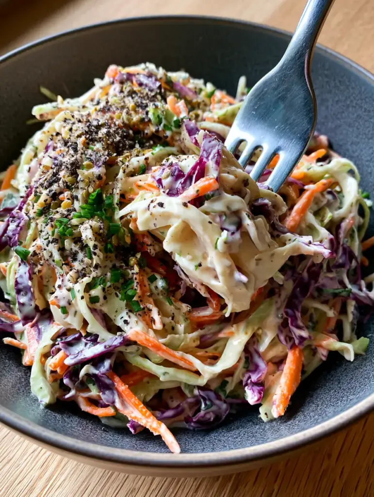 A silver fork lifting a structural bite of crisp coleslaw from a charcoal bowl.