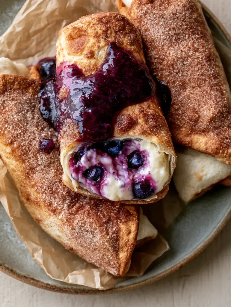 The inside of an Air fryer blueberry chimichanga revealing warm white cream cheese marbled with vibrant purple blueberries.